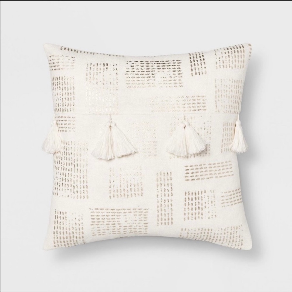 (2) Metallic Stripe Tassel Square Throw Pillow Cream/Gold 18” X 18”